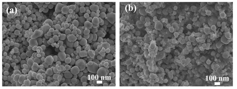 SEM images of the CeO2 powder (a) before and (b) after fuel cell measurement.